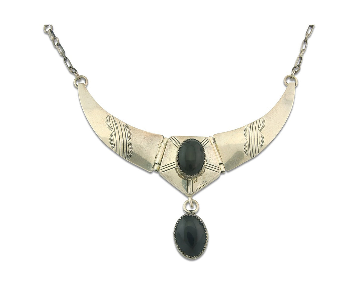 Vintage Navajo Necklace 925 Silver Natural Onyx Artist Signed AP