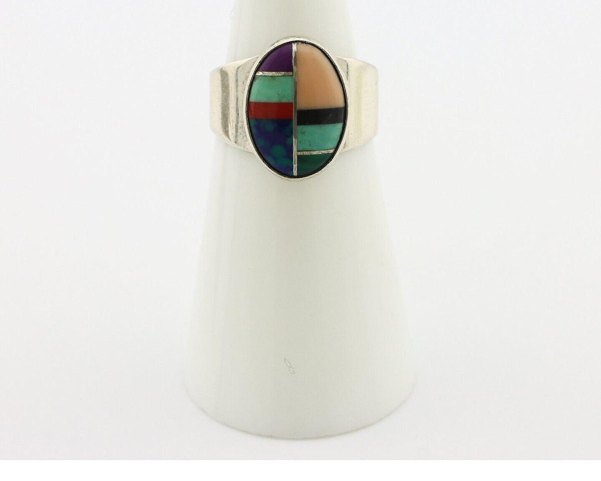 Zuni Inlaid Ring 925 Silver Mixed Natural Gemstones Native American Artist C.80s