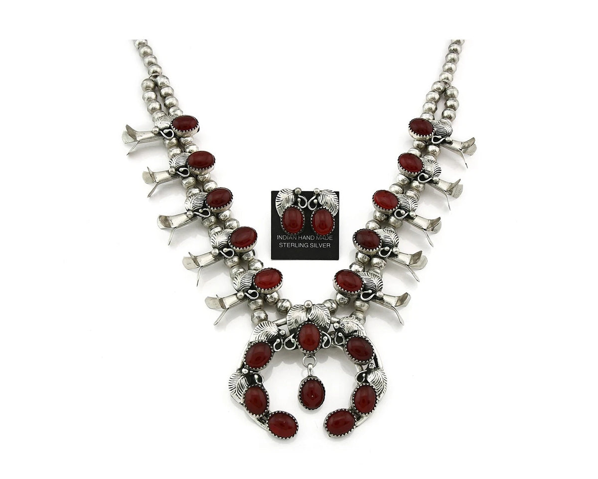 Navajo Squash Necklace Earring Set Sterling Silver Natural Carnelian Vintage C80