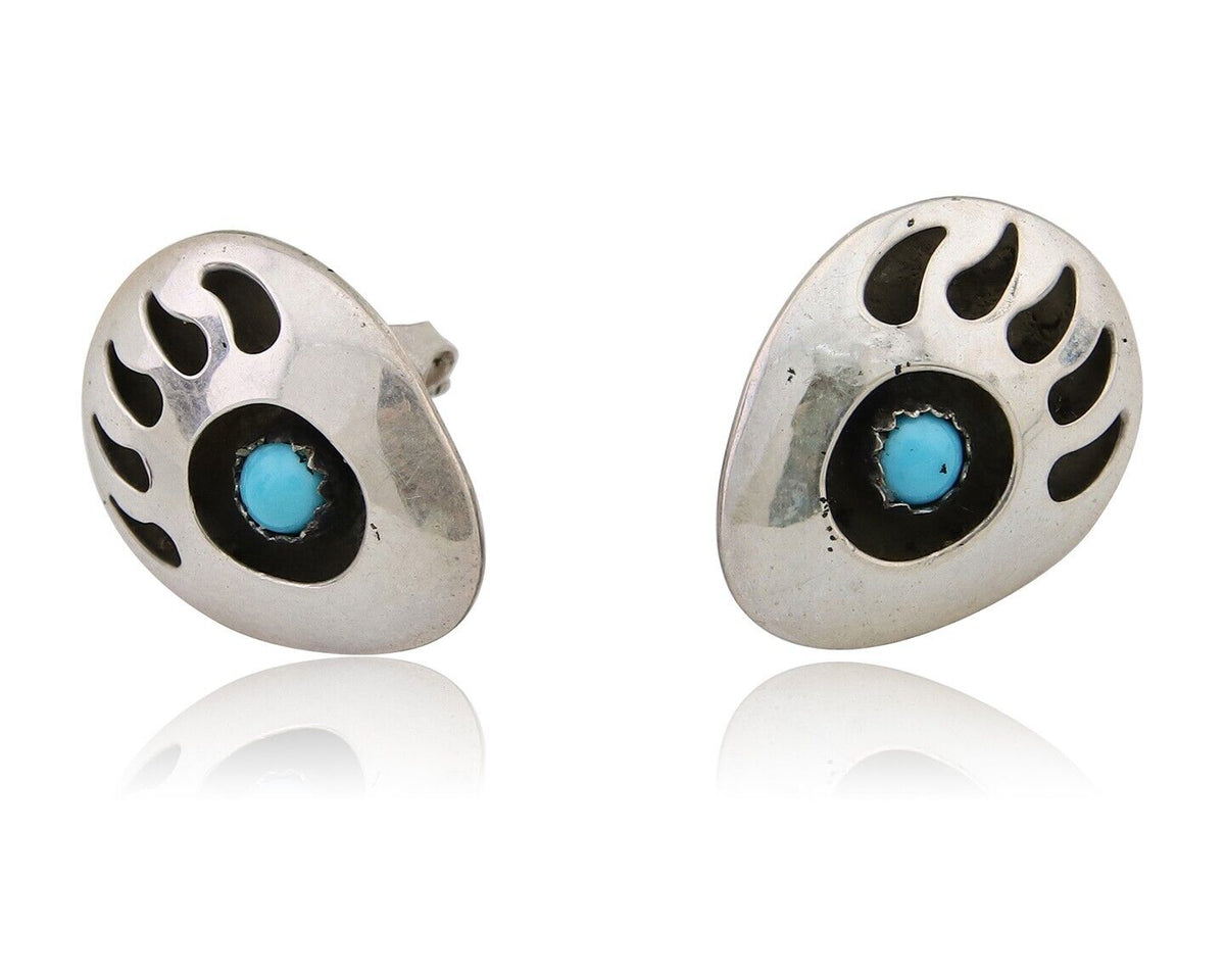 Navajo Paw Earrings 925 Silver Natural Turquoise Native American Artist C.80s