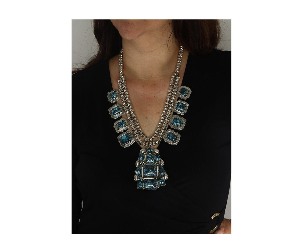 HUGE Navajo Squash Necklace 925 Silver Nalural Tuquoise Signed BY-OG C.80's