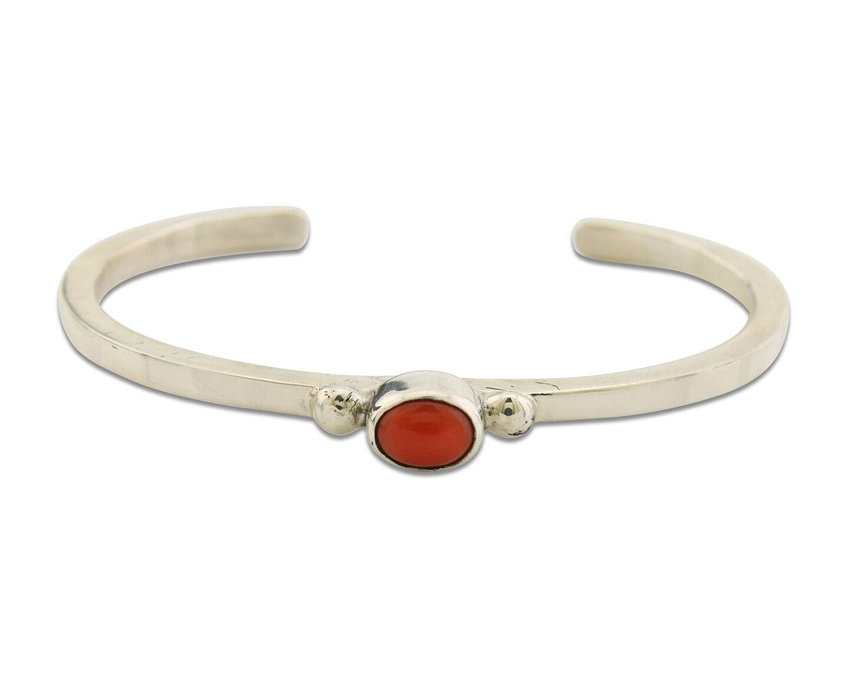 Navajo Bracelet .925 Silver Mediterranean Red Coral Cuff Native Artist C.80's