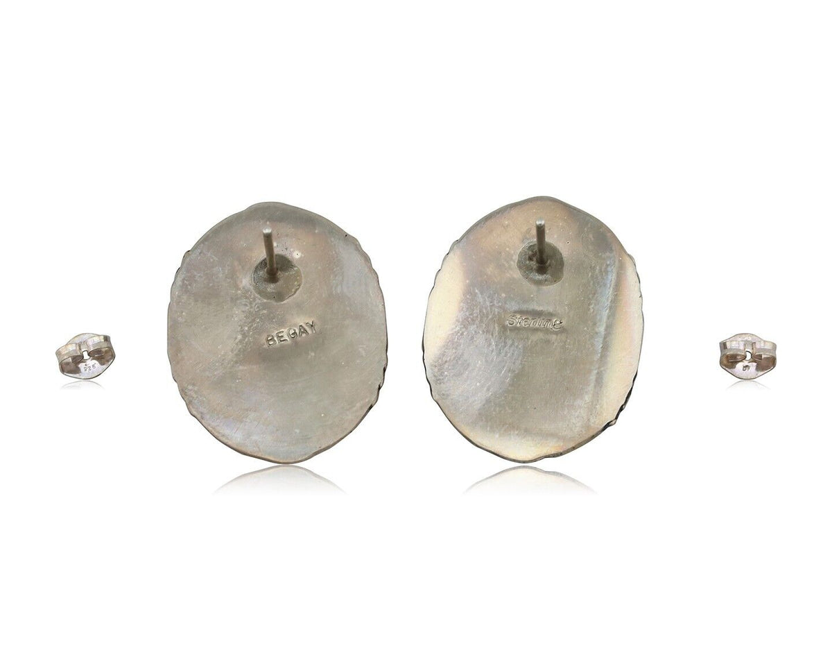 Navajo Hand Stamped Earrings 925 Silver Natural Turquoise Signed M Begay C.80s