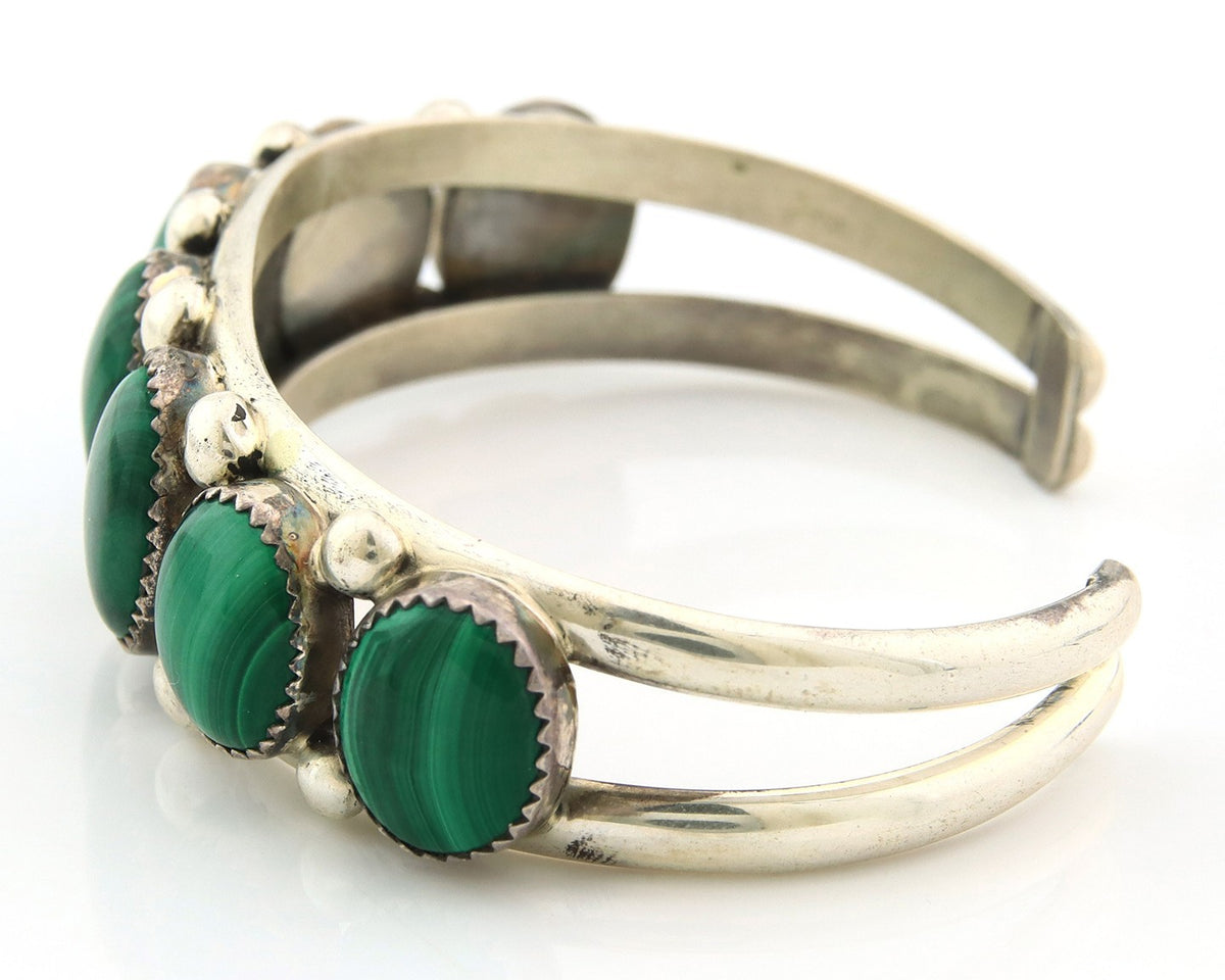 Navajo Cuff Bracelet Sterling Silver Natural Malachite Vintage Signed Pat Yazzie