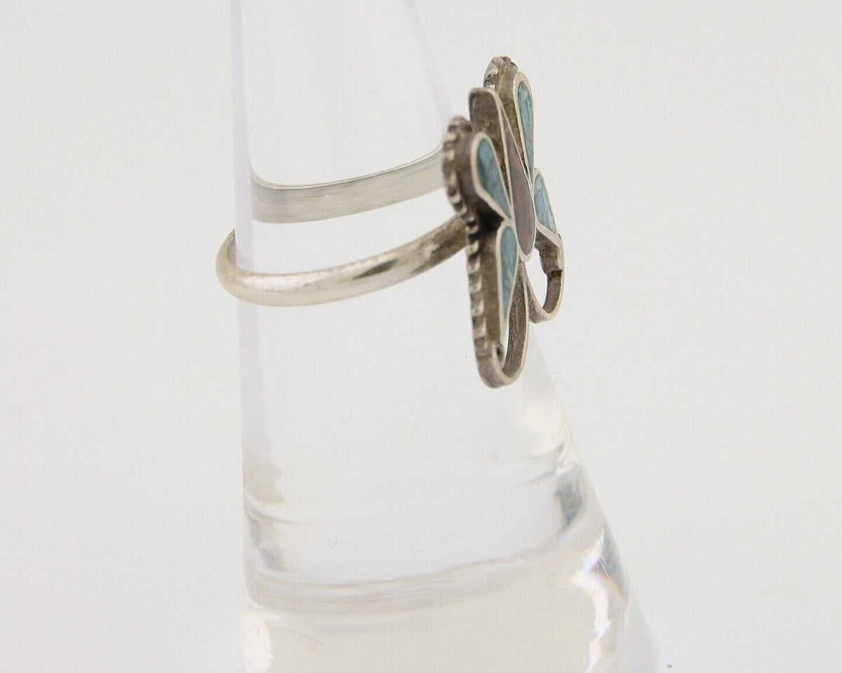 Navajo Handmade Butterfly Ring 925 Silver Coral & Turquoise Native Artist C.80's