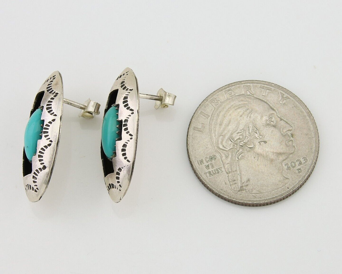 Navajo Dangle Earrings 925 Silver Natural Blue Turquoise Artist Signed P C.80's