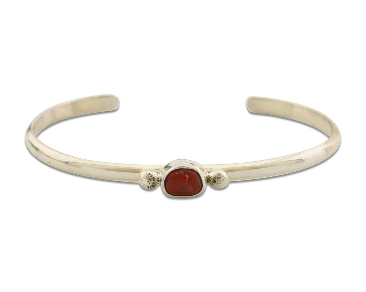 Navajo Bracelet .925 Silver Natural Red Coral Cuff Native American Artist C.80's