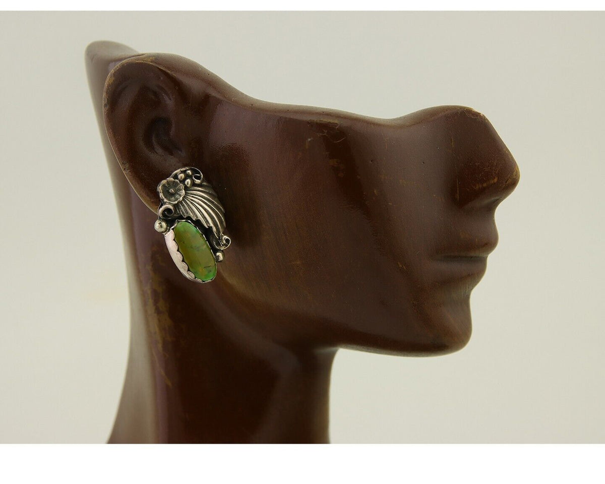 Navajo Earrings 925 Silver Natural Green Turquoise Native Artist Signed C.80's