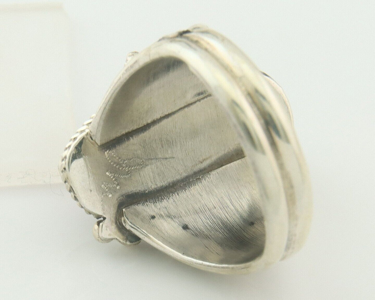 Men Navajo Ring 925 Sterling Natural Coral & Turquoise Signed JM C.80's Size 11
