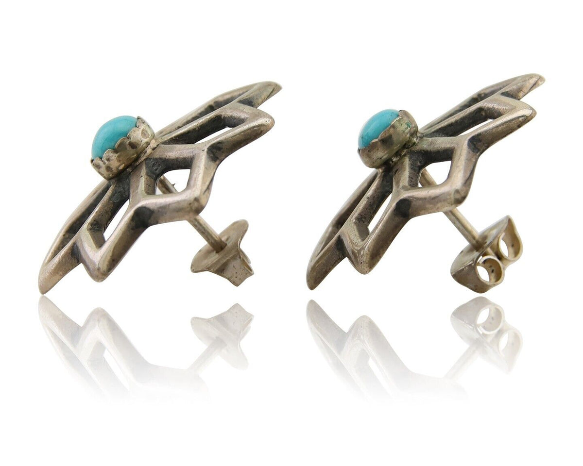 Navajo Flower Earrings 925 Silver Natural Turquoise Native Artist C.80's