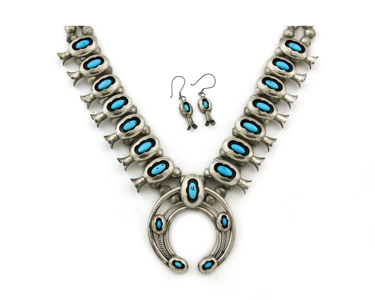 Navajo Squash Necklace Set Sterling Silver Turquoise Vintage Signed PG