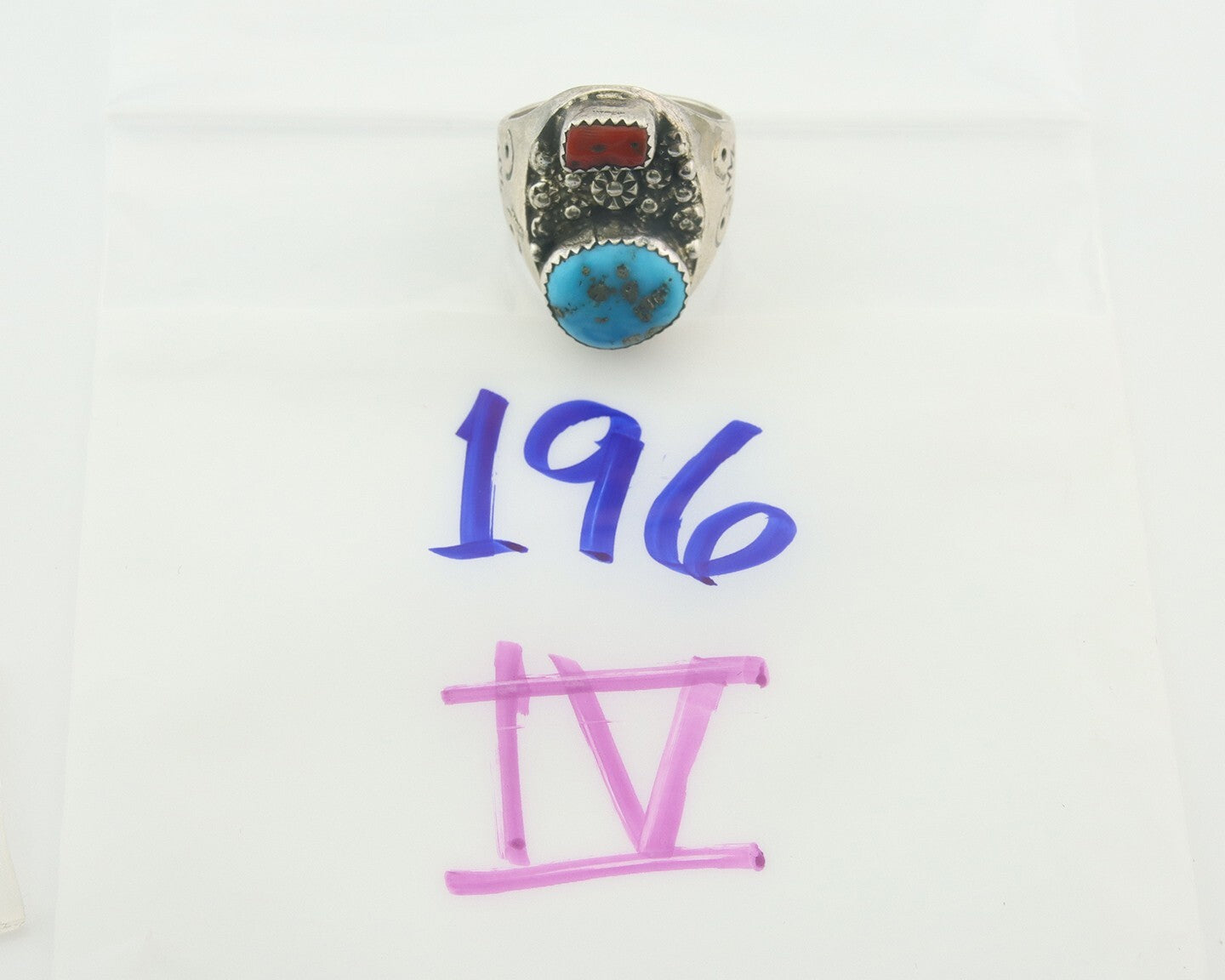 Men Heavy Navajo Ring 925 Sterling Natural Coral & Turquoise C.80's Size 11