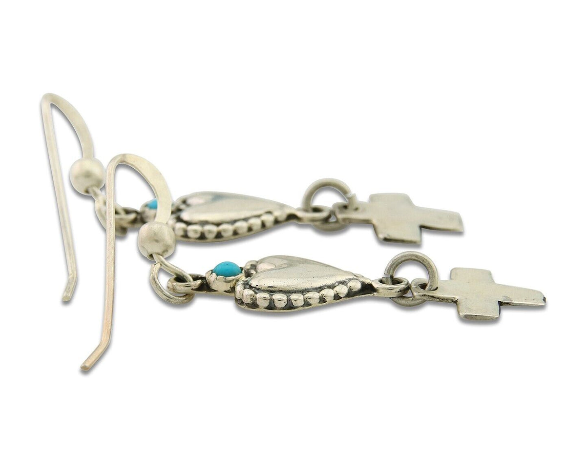 Navajo Earrings 925 Silver Heart Cross Turquoise Native American Artist C.80's