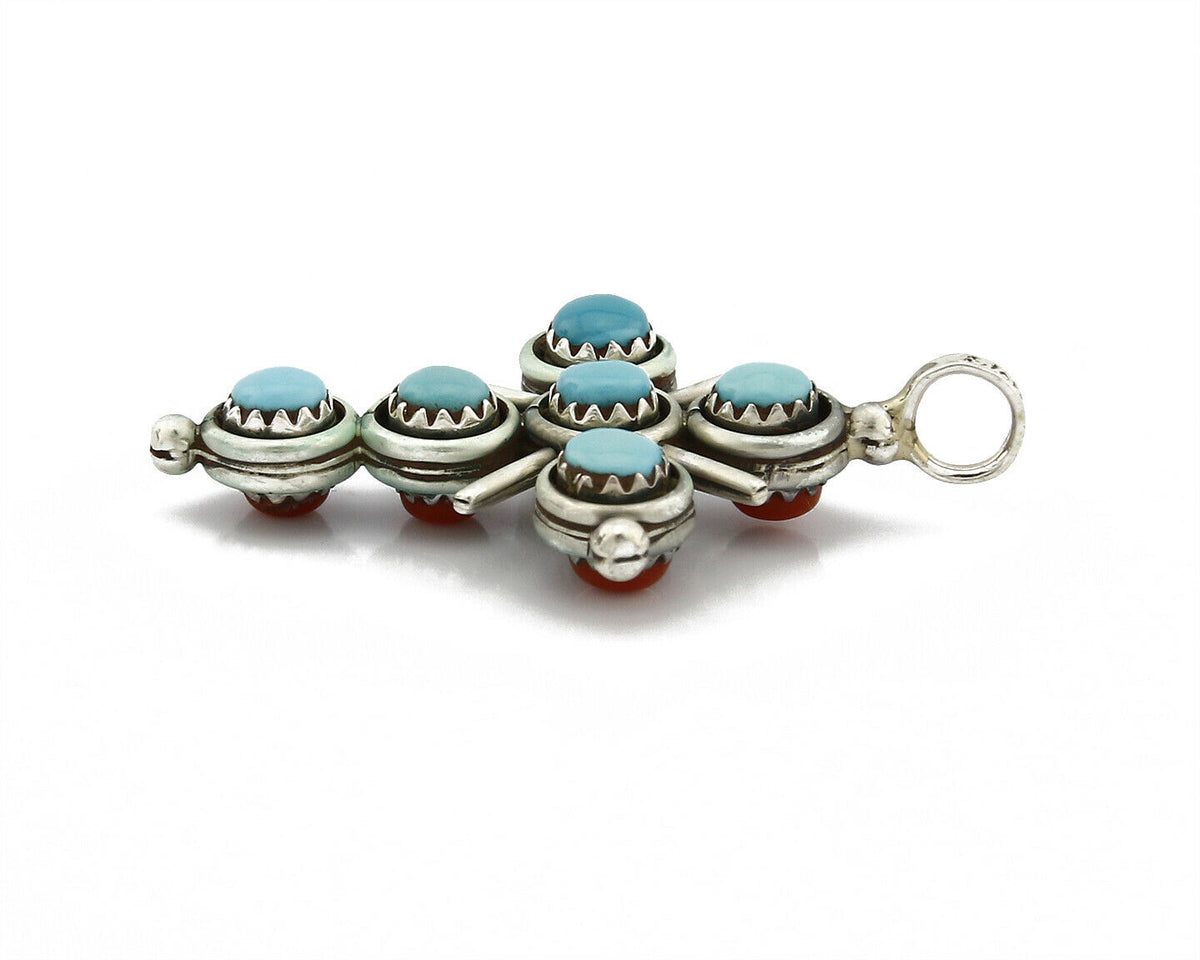 Zuni Natural Turquoise and Coral Reversible 925 Silver Handmade Pendant