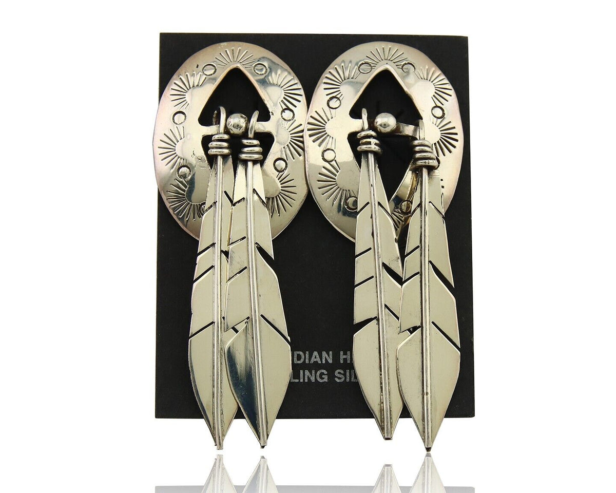 Navajo Feather Earrings 925 Silver Dangle Artist Signed DISHTA C.80's
