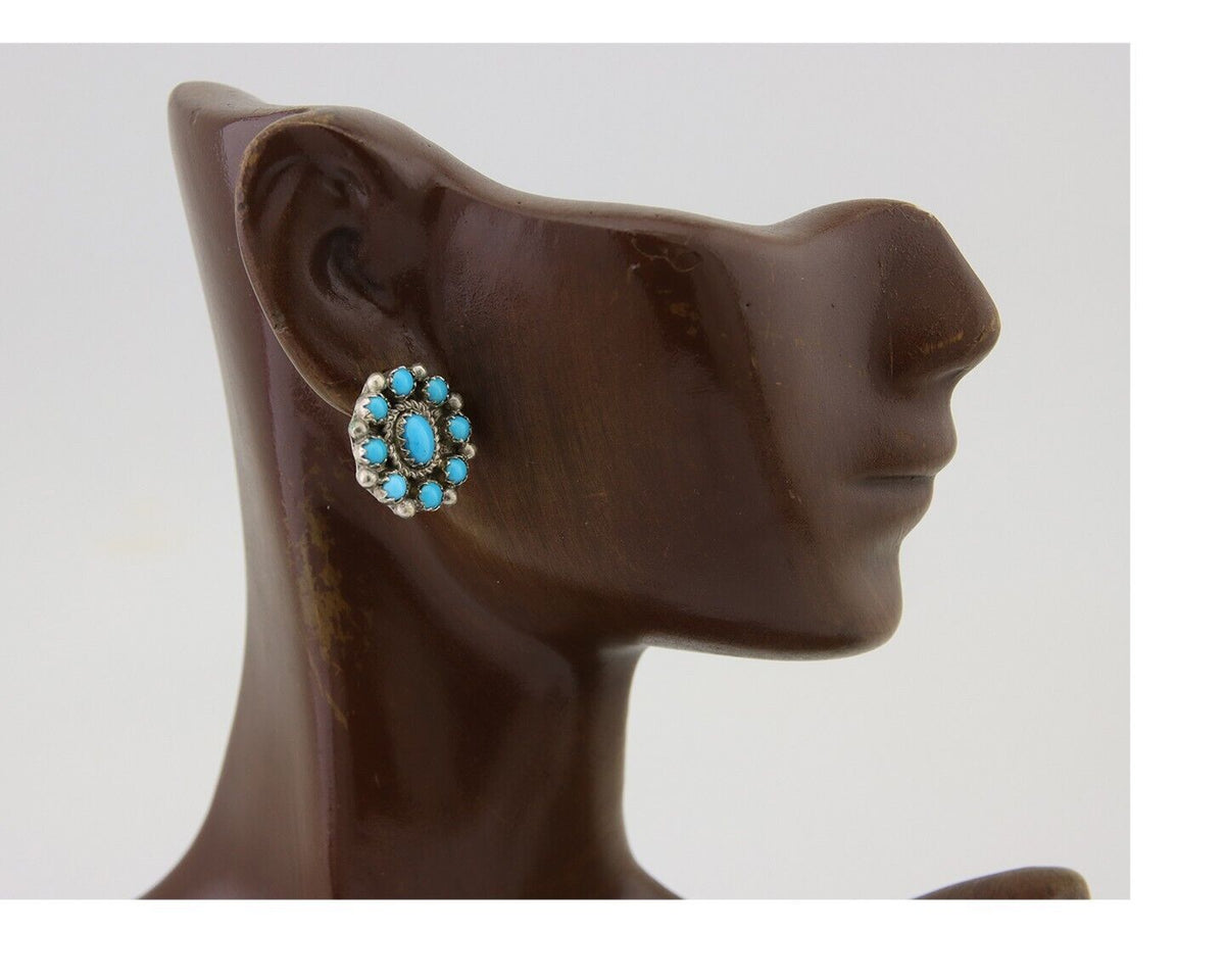Navajo Shield Earrings 925 Silver Natural Turquoise Signed Nathaniel Curley C80s