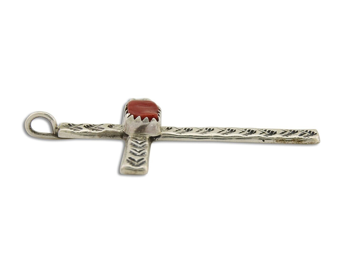 Navajo Cross Pendant 925 Silver Mediterranean Coral Signed Arthur Williams C.80s