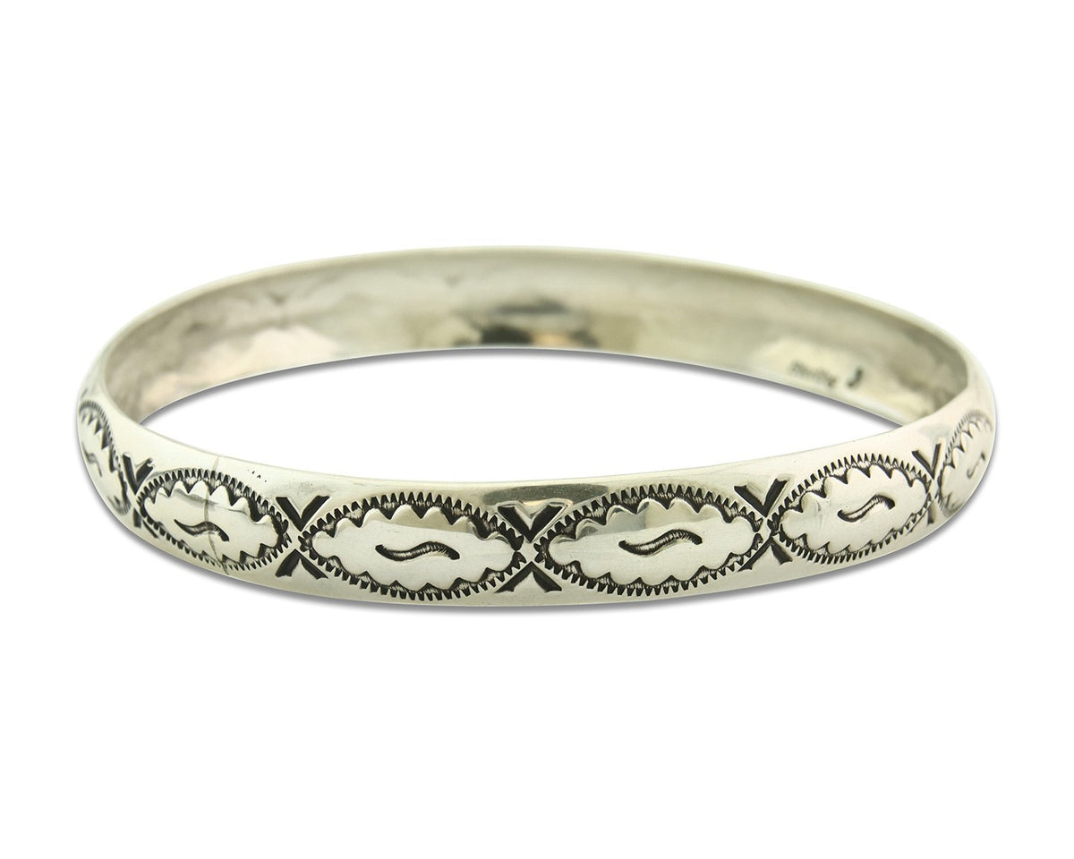 Vintage Navajo Bangle Bracelet Sterling Silver Hand Stamped Signed J
