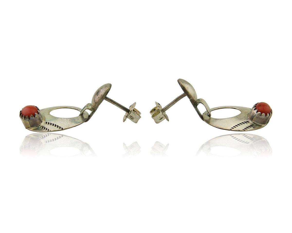 Navajo Earrings 925 Silver Natural Red Coral Artist Signed KF C.80's