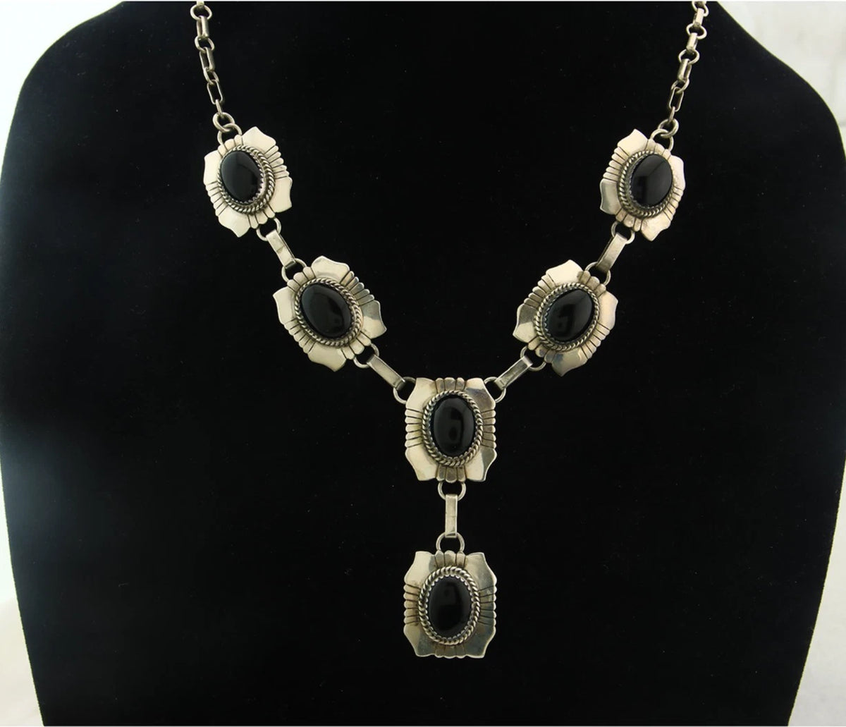 Navajo Necklace Earring Set Sterling Silver Onyx Vintage Signed Begay
