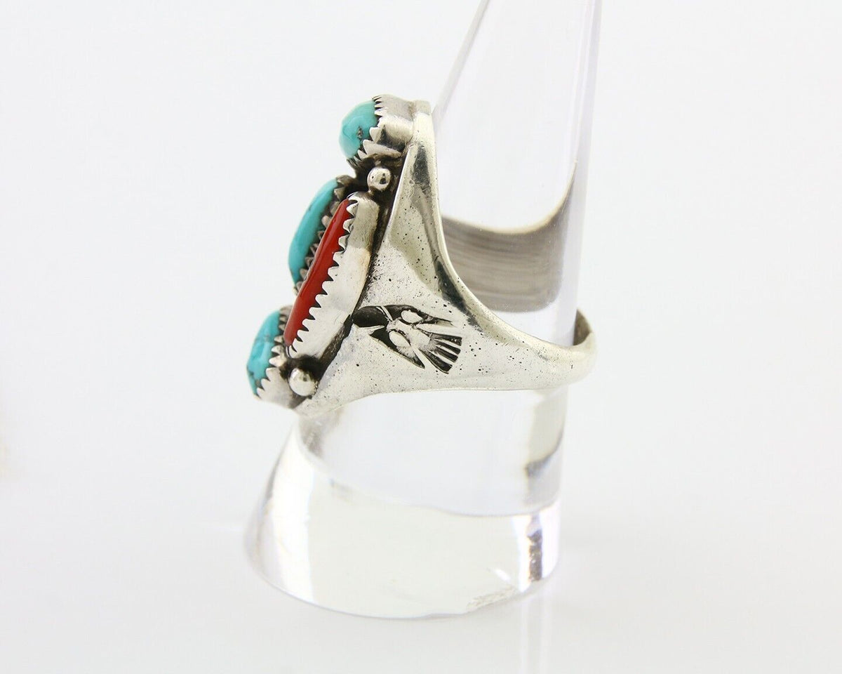 Navajo Men Ring Natural Turquoise & Coral 925 Silver Solid C.80's