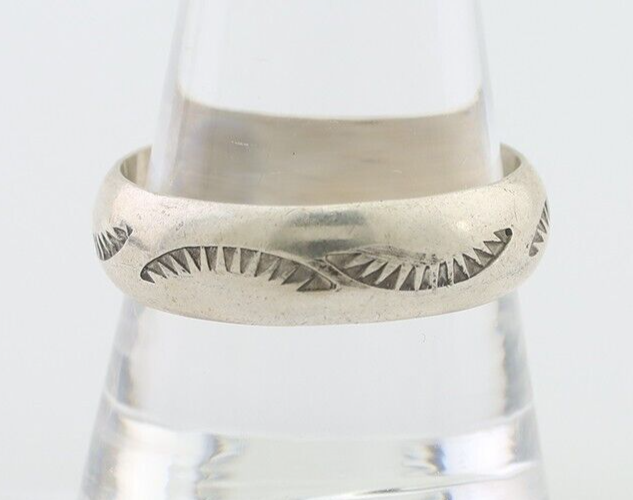 Navajo Hand Stamped Band 925 Silver 6.0 mm Signed Larry Chavez Size 10.5 C.80's