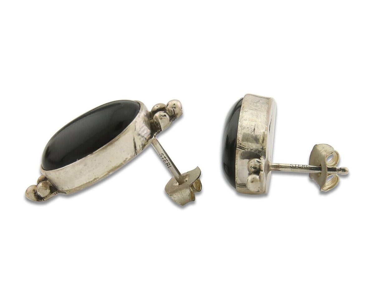 Navajo Earrings 925 Silver Handmade Natural Black Onyx Signed NAKAI C.80's