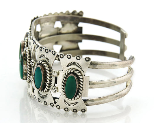 Navajo Cuff Bracelet Sterling Silver Turquoise Vintage Signed E Spencer