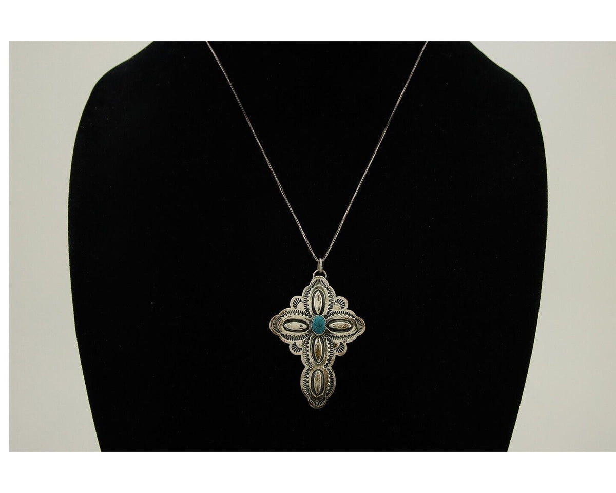 Navajo Cross Hand Stamped Necklace 925 Silver Turquoise Artist Signed JRS C.80's