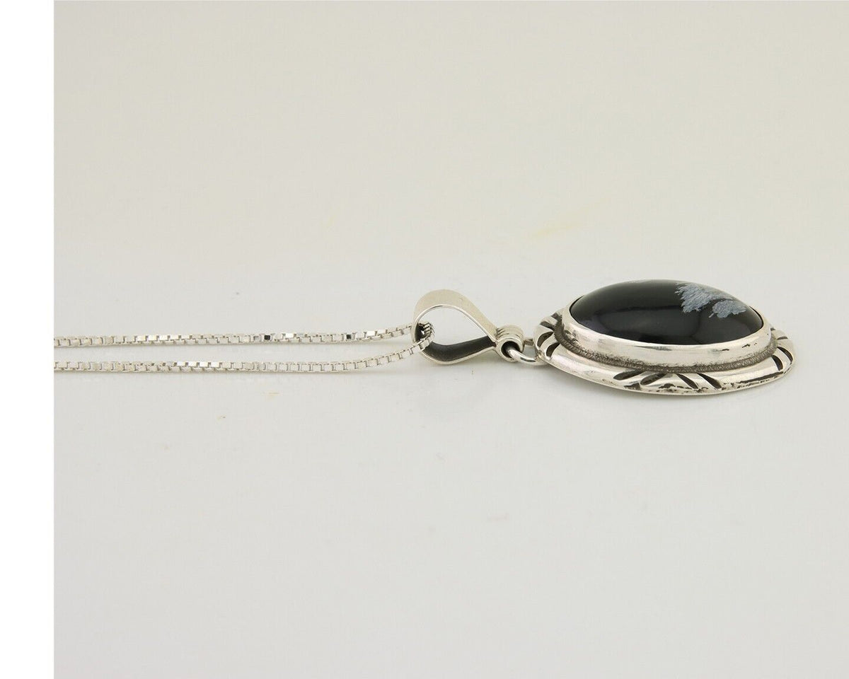 Navajo Necklace 925 Silver Onyx Natural Snowflake Agate Signed Native American