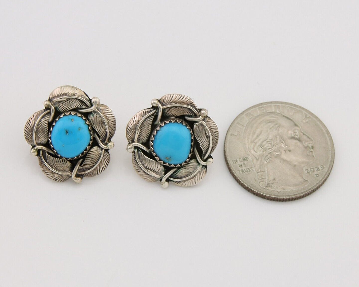 Navajo Earrings 925 Silver Inlaid Natural Turquoise Artist Signed G C.80s