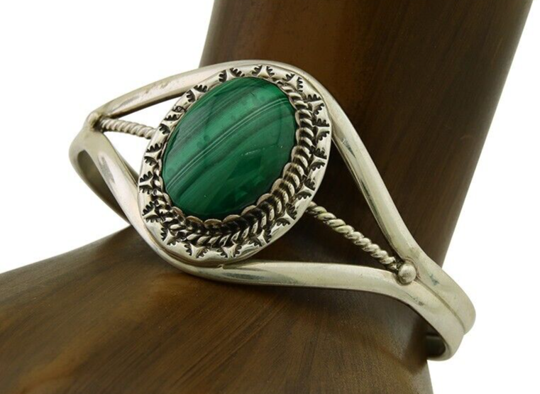 Navajo Cuff Bracelet Natural Malachite 925 Silver Native American Artist C.80s