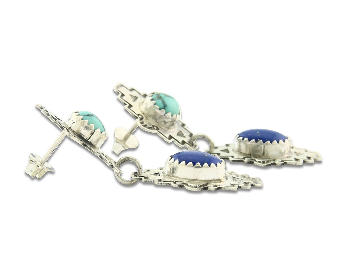 Navajo Earrings Sterling Silver Lapis & Truquoise Vintage Signed Mary Ellen
