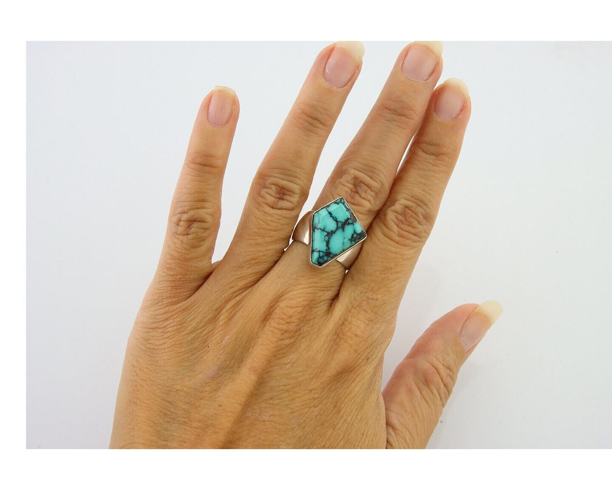 Navajo Ring .925 Sterling Blue Turquoise Artist Signed Doug Zachary C.80's