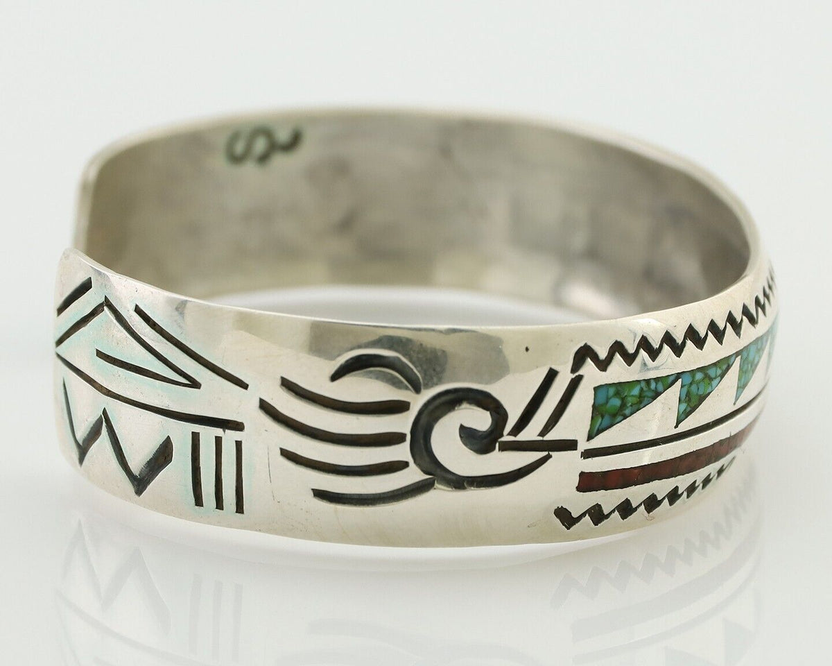 Navajo Inlay Bracelet 925 Silver Turquoise & Coral Signed Stanely Bain C.80's