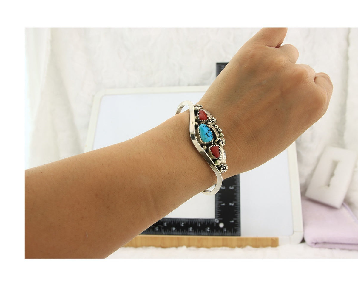 Navajo Cuff Bracelet Sterling Silver Natural Coral Turquoise Sign Justin Morris
