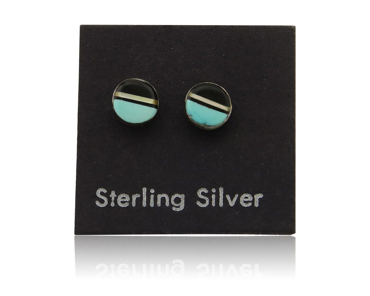 Navajo Earrings 925 Silver Inlaid Natural Onyx & Turquoise Native American C.80s