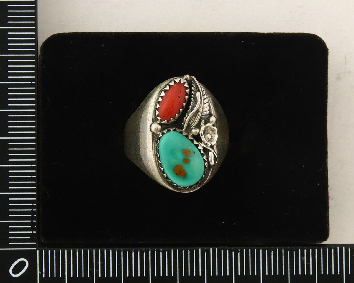 Navajo Ring 925 Sterling Turquoise & Coral Native Artist C.80's Size 6.5
