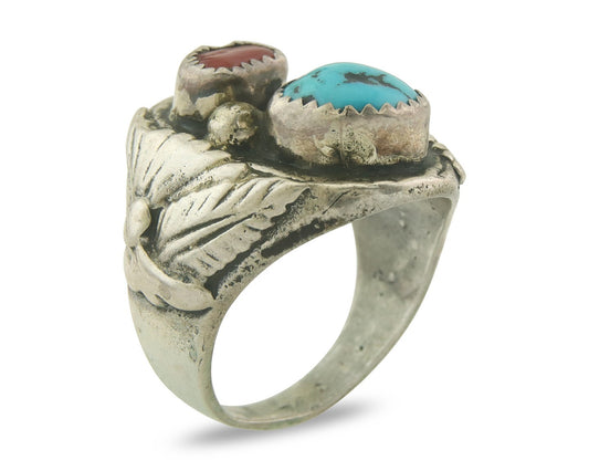 Vintage Navajo Ring 925 Sterling Turquoise & Coral Native Artist Size 8.75