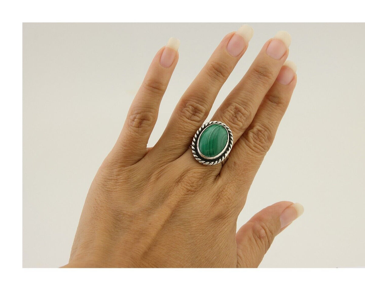 Navajo Ring 925 Silver Natural Malachite Native American Artist C.80's