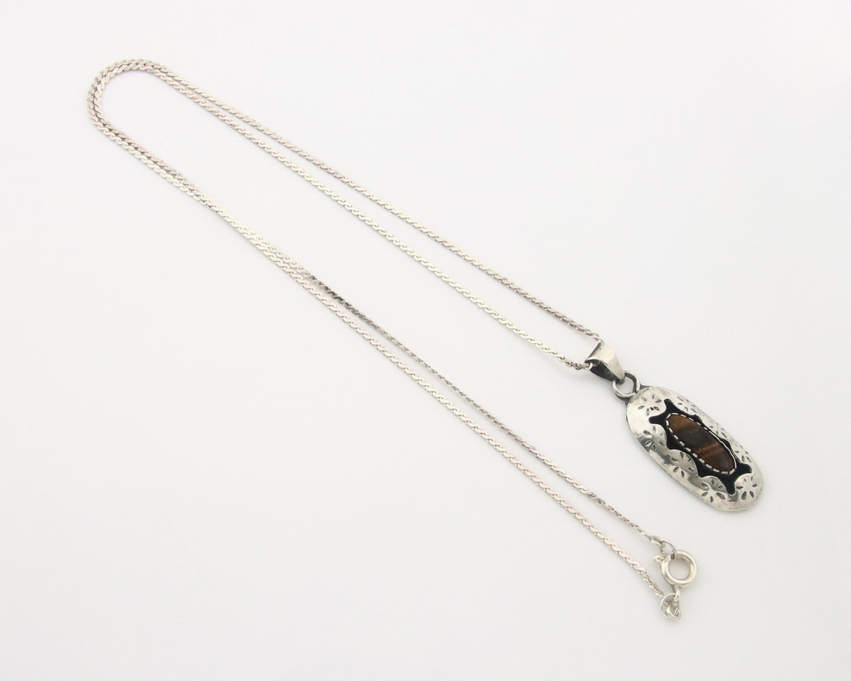 Navajo Sterling Silver Necklace Authentic Tiger Eye Sapphire Vintage Handmade