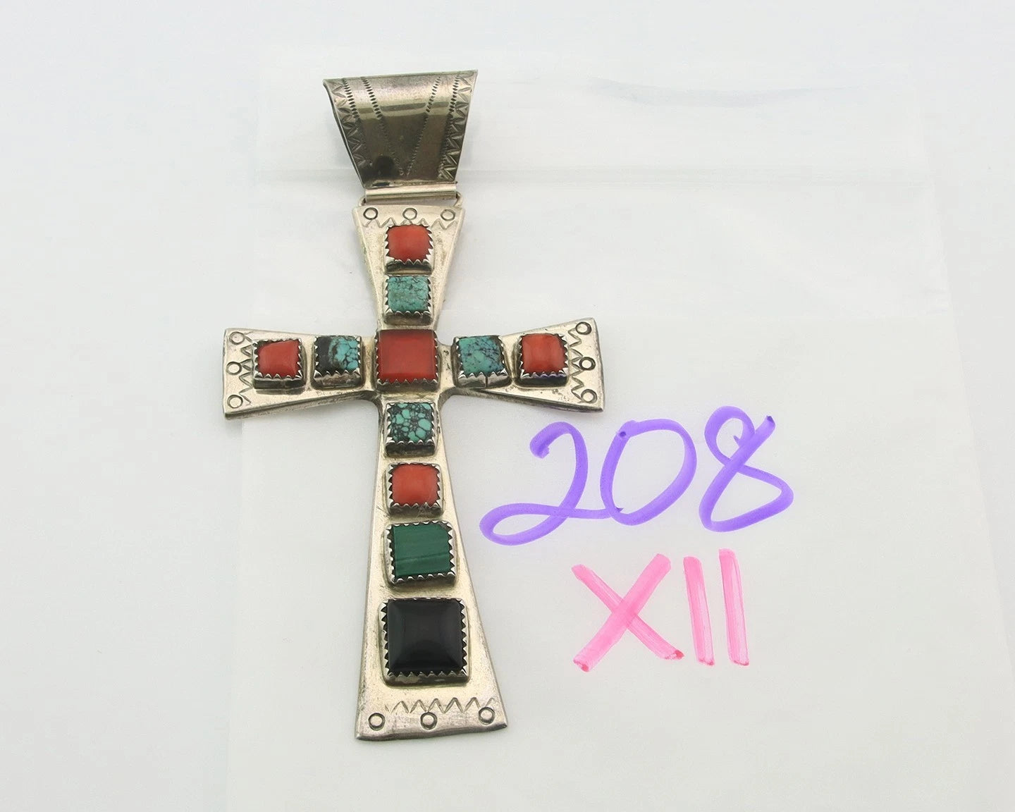 Navajo Cross Pendant Sterling Silver Natural Gemstones Artist Vintage