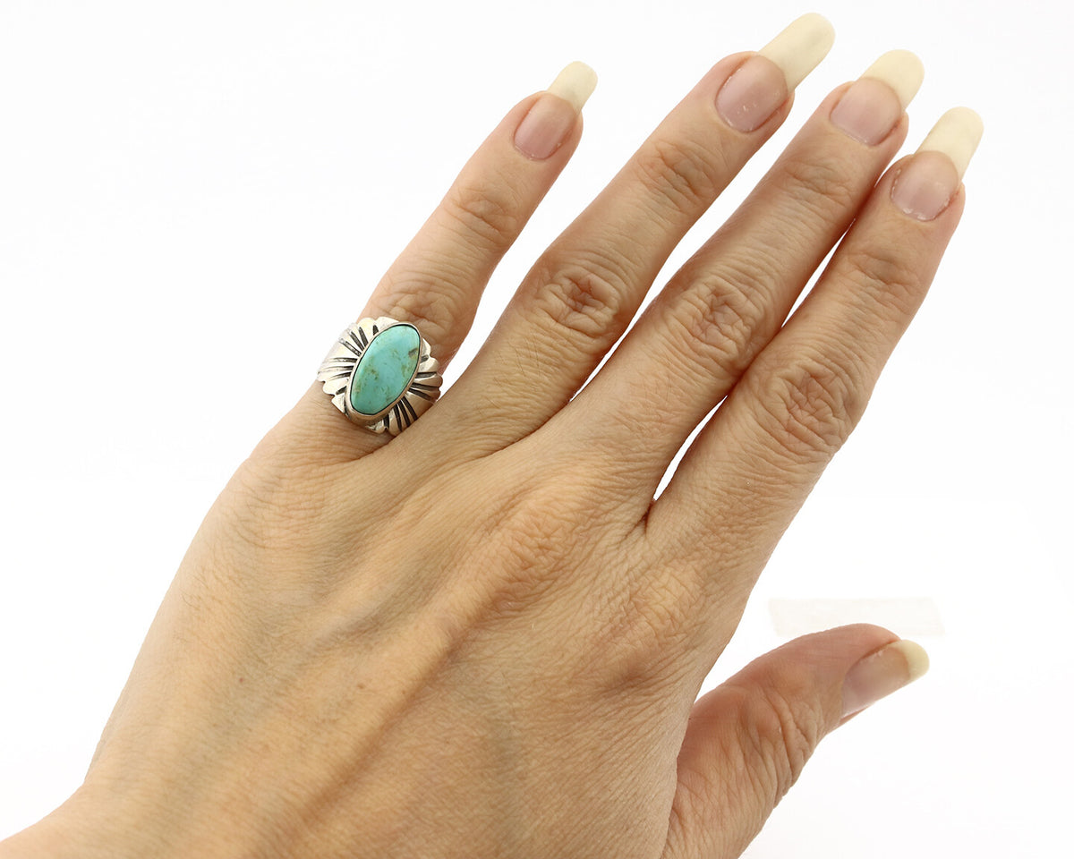Navajo Ring .925 Silver Black Kingman Turquoise Artist Signed Apache C.80's