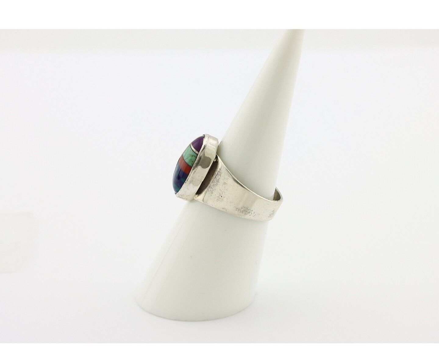 Zuni Inlaid Ring 925 Silver Mixed Natural Gemstones Native American Artist C.80s