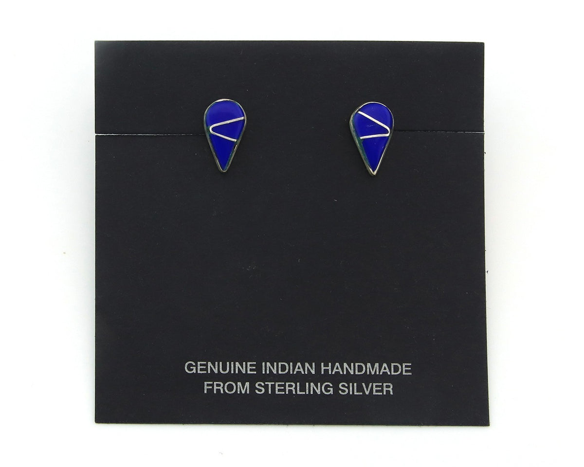 Navajo Earrings Sterling Silver Inlaid Natural Lapis Vintage Handmade