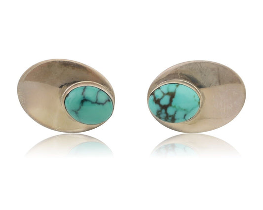 Navajo Shield Earrings 925 Silver Natural Malachite Signed Ella Peters C.80's