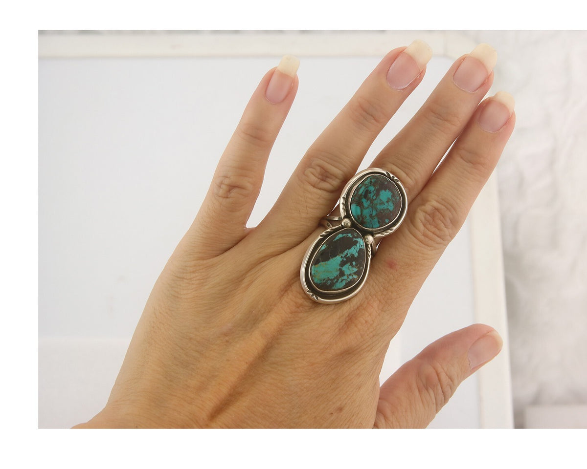 Vintage Navajo Ring 925 Sterling Authentic Turquoise Signed BY Size 8.0