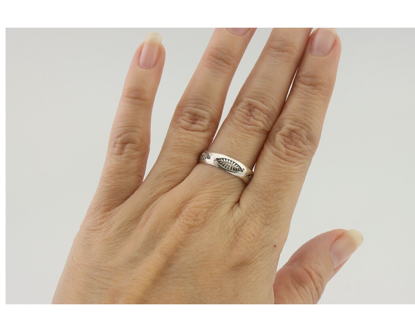 Navajo Hand Stamped Band 925 Silver 5.0 mm Signed Larry Chavez Size 8.5 C.80's