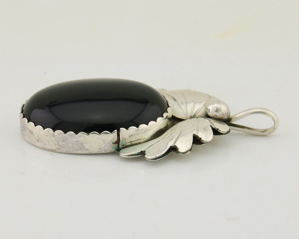 Navajo Pendant 925 Silver Onyx Native Artist Signed NS C.80's