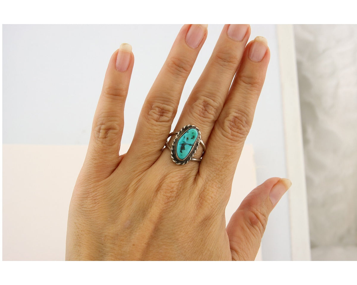 Navajo Ring 925 Sterling Natural Mined Arizona Turquoise C.80's Size 7.5